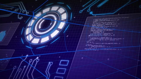 Coding and data visualization elements in futuristic digital interface animation Stock Footage 305730034