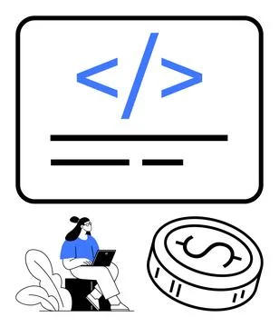 Coding and Financial Growth Concept with Developer Working on Laptop and Co.. Stock Illustration