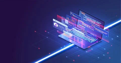 Coding and programming app in laptop for Web developer concept based isometric Stock Illustration