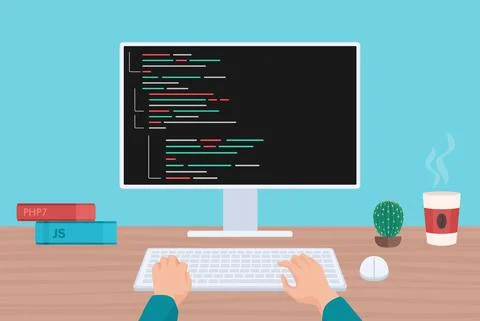 Coding and programming compute pc desktop. Head monitor view man programmer Illustration