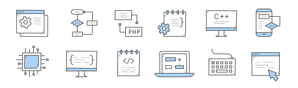 Coding and programming doodle icons vector set Stock-Illustration
