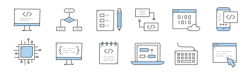 Coding and programming doodle icons vector set Stock-Illustration