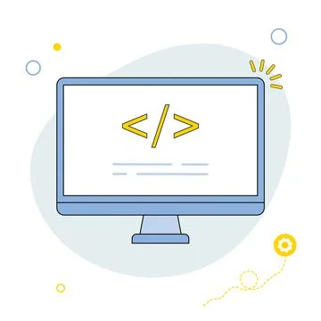 Coding and programming software on window computer screen concept, vector flat Stock Illustration