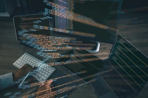 Coding and software development concept, with programmer typing on keyboard.. 스톡 사진