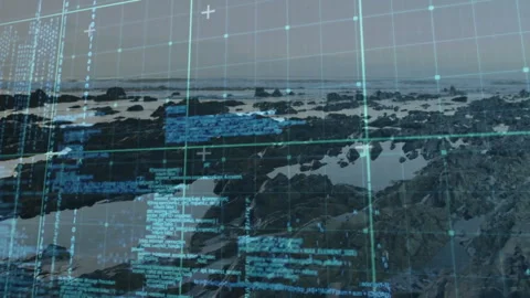 Coding animation overlaying digital data on rocky coastal landscape at school Stock Footage 306265010