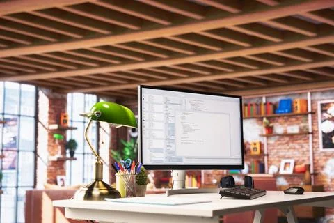 Coding application on computer display used by IT programmer Stock Photos