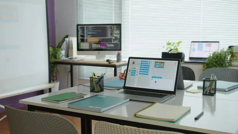 Coding Application on Screen of Laptop at Equipped with Gadgets IT Classroom Stock Footage 280542021