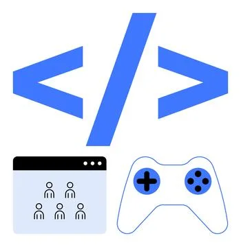 Coding brackets, browser interface with user icons, and game controller. Idea 库存插图