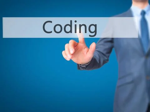 Coding -  Businessman click on virtual touchscreen. Stock-Fotos