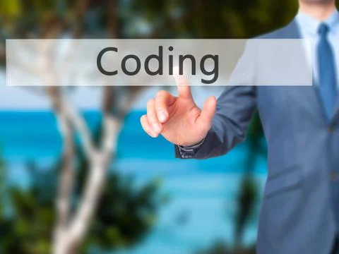 Coding -  Businessman click on virtual touchscreen. Stock Photos