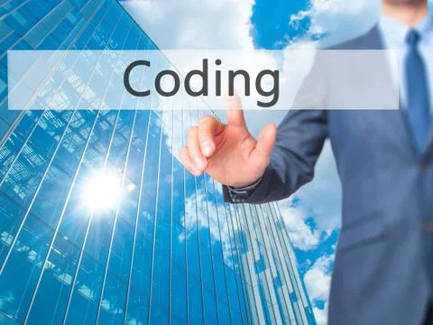 Coding -  Businessman click on virtual touchscreen. Foto stock