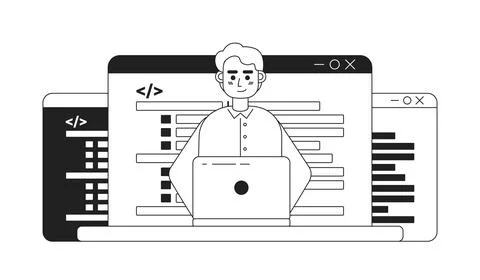 Coding career black and white concept vector spot illustration 스톡 일러스트