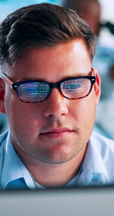 Coding, computer and glasses with programmer man at desk in office for software Stock Footage 307378251