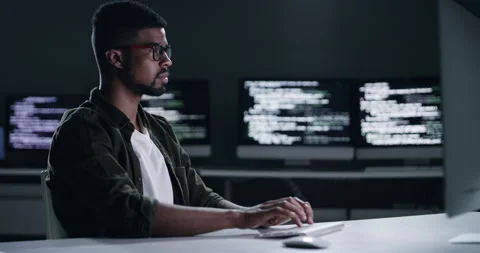 Coding, computer and man typing software engineering, cloud computing code or Stock Footage 260827069