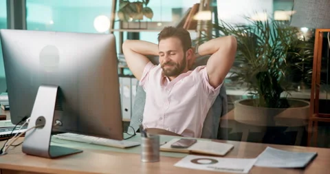 Coding, computer and relax with man programming software in office for launch or Stock Footage 305896538