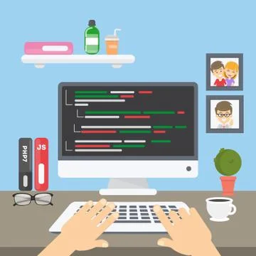Coding at computer. Stock Illustration