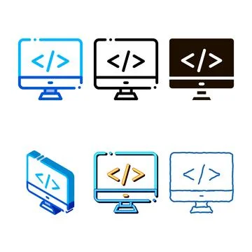 Coding computer monitor vector variations thin line icon 库存插图