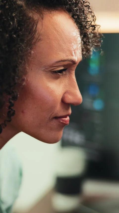 Coding, computer or woman in agency with reading, software test or bug fix in Stock Footage 342254090