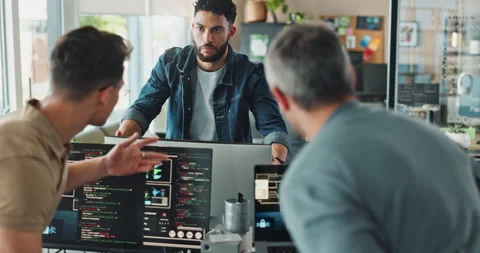 Coding, computer screen and discussion with business people in office together Stock Footage 290060790