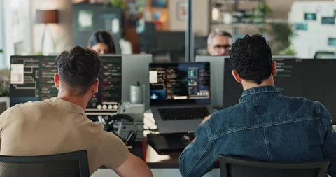 Coding, computer screen and fist bump with business people in office together Stock Footage 290127492