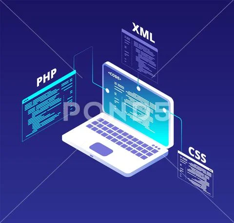 Coding concept. Website development and app software programming with laptop and Stock Illustration