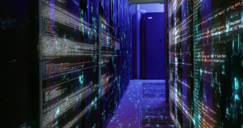 Coding, data transfer and hologram with digital in server room of binary code Stock Footage 284309881