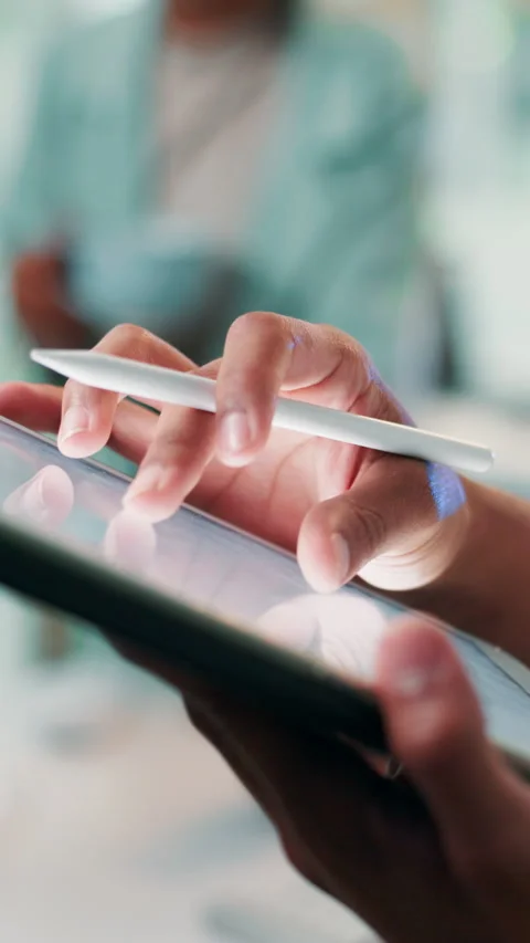 Coding, developer and hands with tablet, office and employee with stylus for Stock Footage 306825088