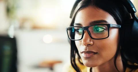 Coding, developer or woman in headphones for remote work server or processing 写真素材