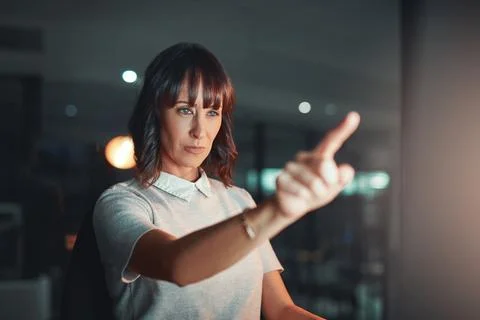 Coding, digital interface and night with woman in office for programming or.. Stock Photos
