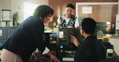 Coding, discussion or people with computer screen in office,   framework script Vídeo Stock 330060249