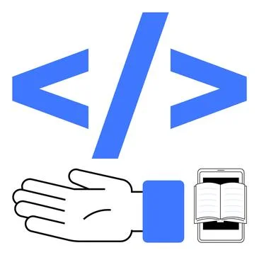 Coding Elements with Hand Gesture and Open Book on Mobile Device in Minimal.. Stock Illustration