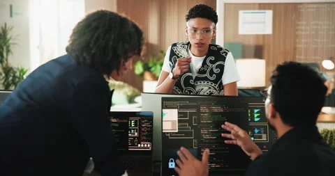 Coding, feedback or people with computer screen in office,   framework script or Vídeo Stock 330046198