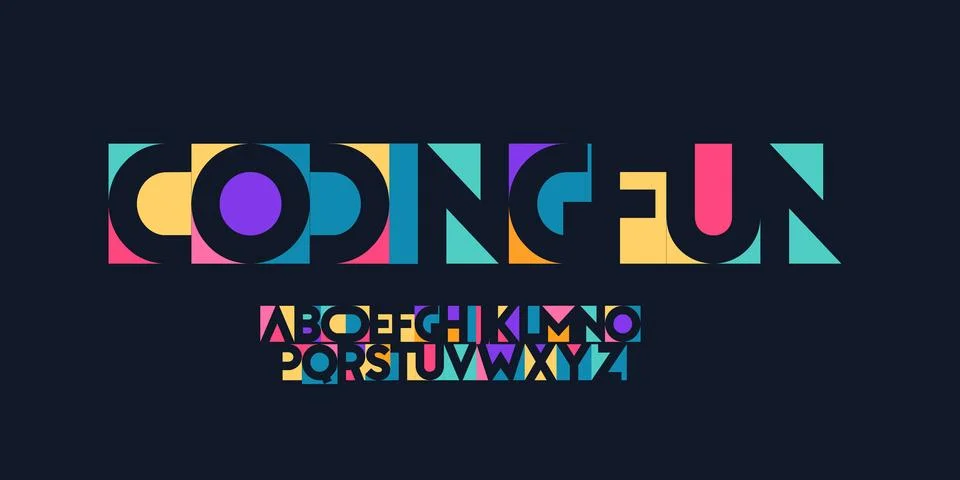 Coding Fun colorful geometric font alphabet, playful programming letters for Stockillustratie