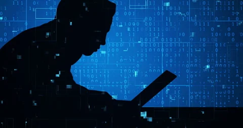 Coding, hacker and hologram with laptop or silhouette of software programming Stock Footage 284226575
