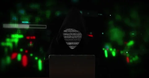 Coding, hacker and laptop for download data for illegal transfer, binary code Stock Footage 284307038