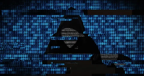 Coding, hacker and laptop glitch of language for data transfer, binary code and Stockbeeldmateriaal 284309742