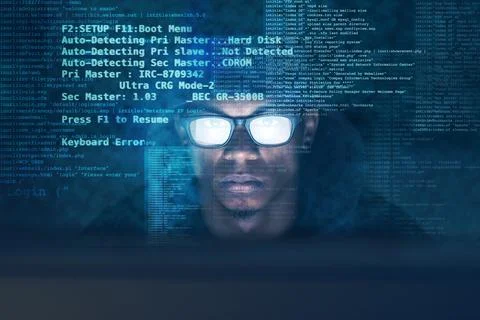 Coding, hacker man and overlay with computer at night for cyber attack Stock Photos