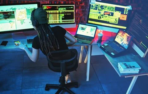 Coding, hacker woman and computer for cybersecurity, programming and big data at Foto stock