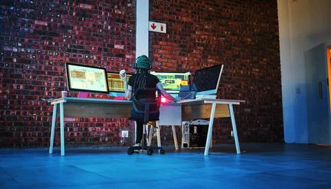 Coding, hacker woman and computer monitor for cybersecurity, programming and Stock Photos