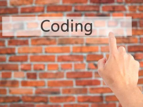 Coding - Hand pressing a button on blurred background concept on visual scree Stock-Fotos