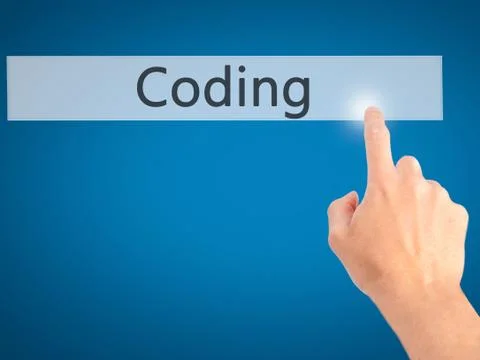 Coding - Hand pressing a button on blurred background concept on visual scree Foto stock