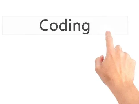 Coding - Hand pressing a button on blurred background concept on visual scree Stockfoto's