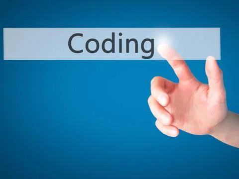Coding - Hand pressing a button on blurred background concept on visual scree Stockfoto's