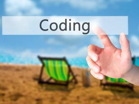 Coding - Hand pressing a button on blurred background concept on visual scree Stockfoto's