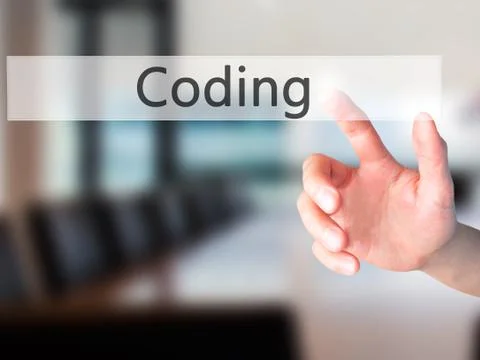 Coding - Hand pressing a button on blurred background concept on visual scree 스톡 사진