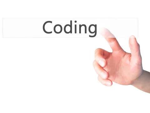Coding - Hand pressing a button on blurred background concept on visual scree Stockfoto's