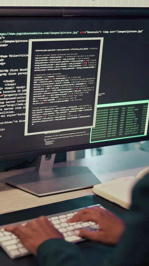 Coding, hands and person typing on computer screen at office desk for Stock Footage 335297203