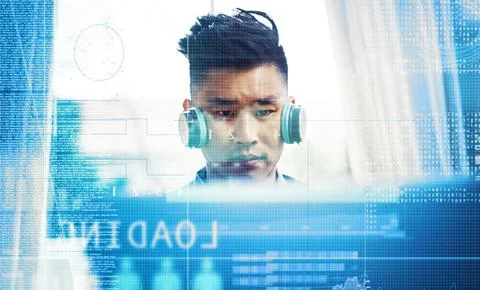 Coding, headphones and hologram with programmer man in office for mainframe.. Foto stock