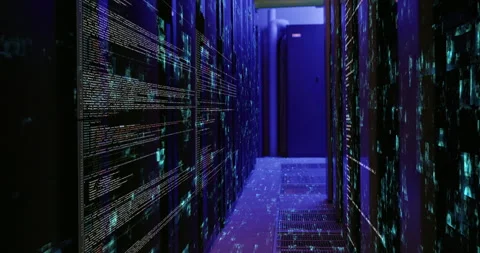 Coding, hologram and data transfer with digital in server room of binary code Stock Footage 284311063