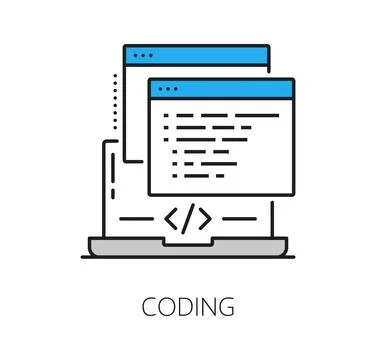 Coding icon with laptop and program code on screen Stock Illustration